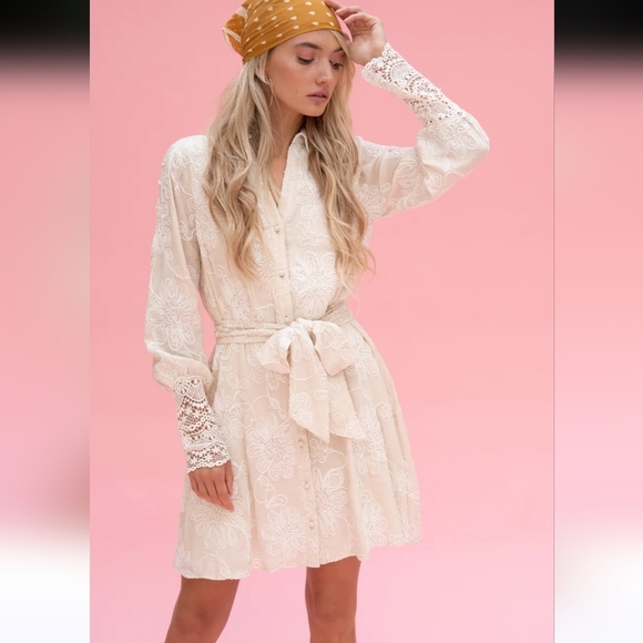 BTFL LIFE Romia Embroidered Lace Crochet Floral Button down dress.Off White. SM - Picture 6 of 16